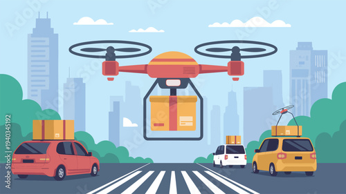 Drone and vehicles deliver packages in a city with skyscrapers drone delivery package delivery