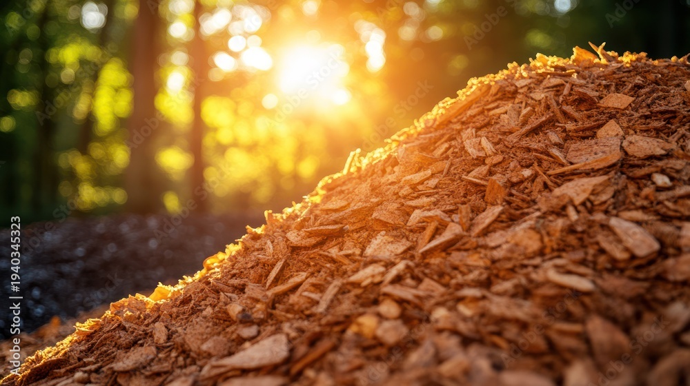 Fototapeta premium Wood chips pile in sunlight, outdoor