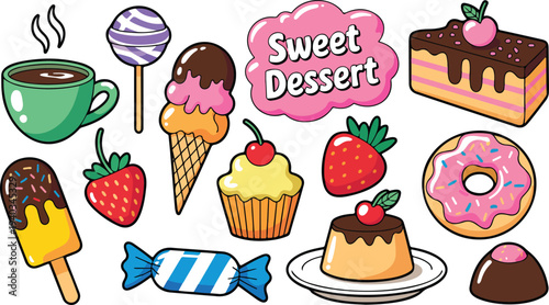 Cute Bakery and Dessert Food Collection with Ice Cream Donuts Cupcakes Candy and Coffee Colorful Cartoon Vector Set