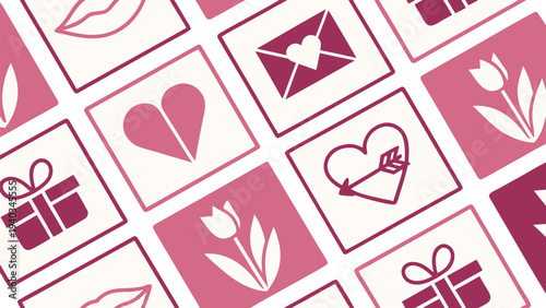 Valentine's day icons with hearts gifts and flowers on pink background love symbols