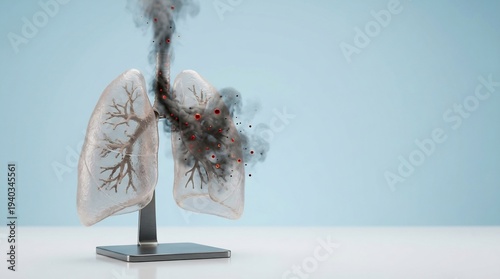 Detailed anatomical model of human lungs shows significant dark particulate matter and smoke causing damage and blockage within the bronchial tubes.