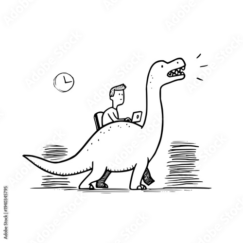 Man riding dinosaur to work cartoon illustration black and white humorous concept prehistoric commute office worker time management productivity funny prehistoric creature modern