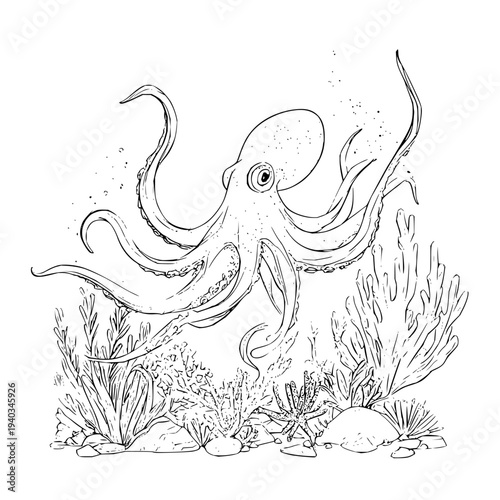 Detailed black and white illustration of an octopus swimming among seaweed and rocks in an underwater scene with intricate linework and shading