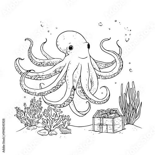 Octopus swimming near treasure chest and coral reef underwater with seaweed