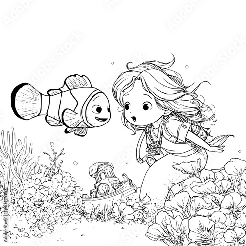 Young girl swimming underwater with a friendly clownfish in a vibrant ocean scene with coral and seaweed