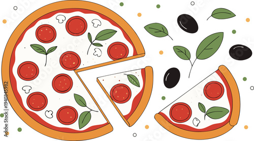 Delicious pepperoni pizza with slices cut out and olives on a white background with green leaves and colorful dots