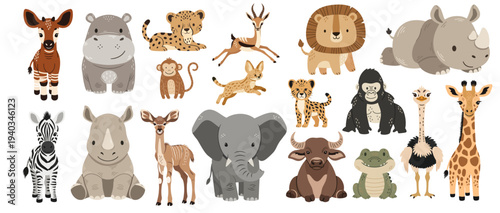 Cute group of animals illustration in soft pastel safari nursery style