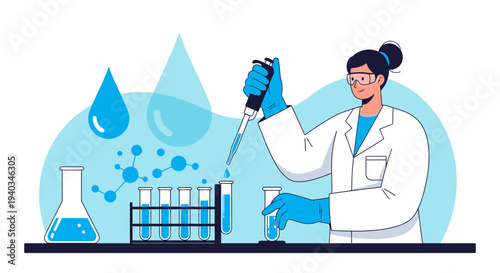 Scientist conducts experiment with test tubes and molecular model, laboratory research