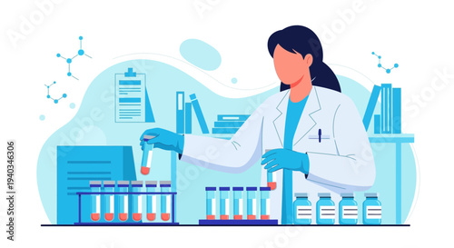 Scientist conducts experiment with test tubes in laboratory, medical research, science concept