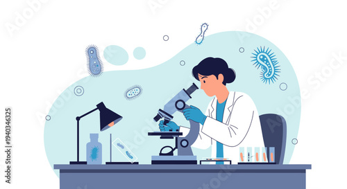 Scientist examining bacteria under microscope in laboratory, science research concept