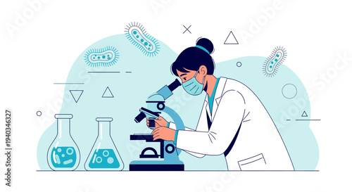 Scientist examining bacteria under microscope, laboratory research, medical science concept