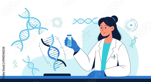 Scientist examining DNA helix in laboratory, biotechnology research concept