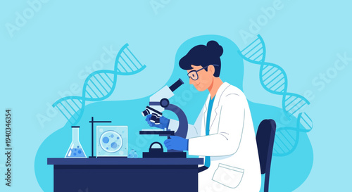 Scientist examining DNA helix structure under microscope, laboratory research concept