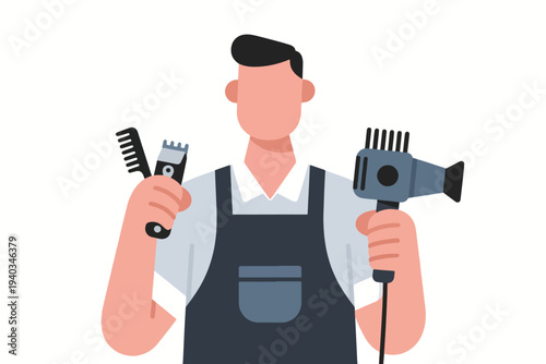 Barber in dark apron holding comb, clipper and hair dryer, stylized vector illustration representing grooming and hairstyling tools.