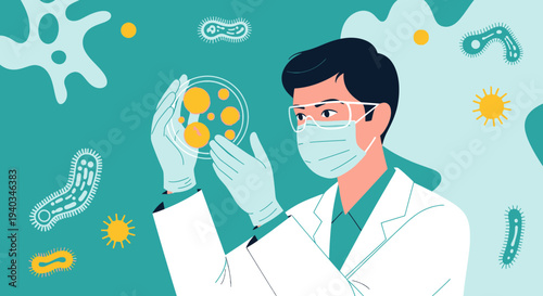 Scientist examining petri dish with bacteria and viruses in laboratory, science research concept