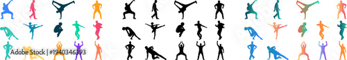 Colorful dancing and fitness pose silhouettes set isolated on white background