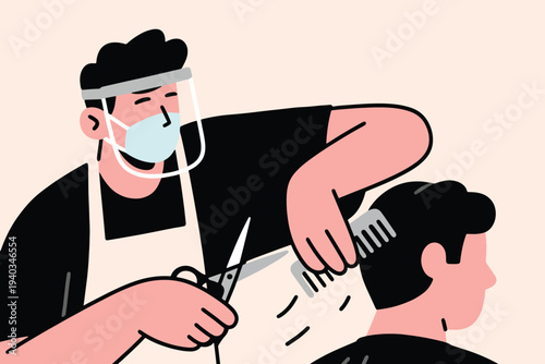 Barber wearing face mask and shield cutting client’s hair with scissors and comb, safety protocol grooming scene, stylized vector illustration.