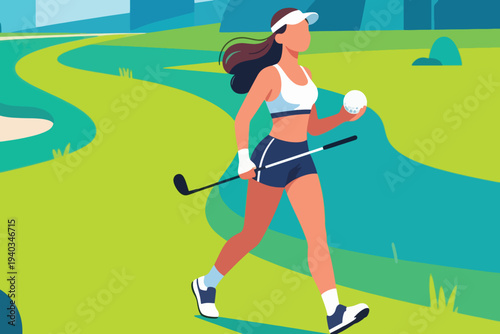 Female golfer in white visor, sports bra and navy shorts walking on course holding club and ball, stylized vector illustration with path, grass and trees.