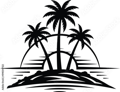 Tropical island getaway with palm trees and sunset