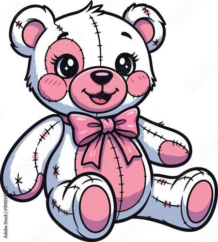 A cute cartoon teddy bear with a pink bow tie and rosy cheeks sitting upright with a sweet expression on its face