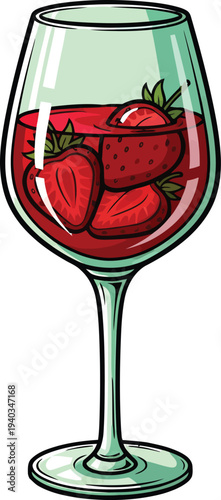 A wine glass filled with strawberries and red liquid on a white background