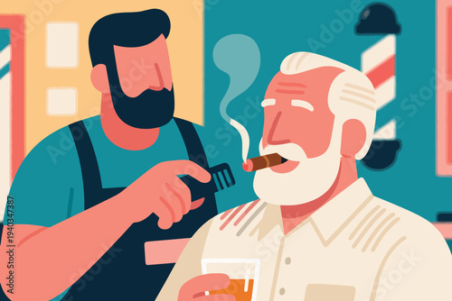 Barber in teal shirt and black apron grooming older man with white hair and beard, client smoking cigar and holding whiskey glass, classic barbershop scene with pole, vector illustration.
