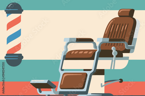 Vintage barber chair with cushioned seat and footrest in front of classic red, white and blue barber pole, retro vector illustration with teal and cream background.