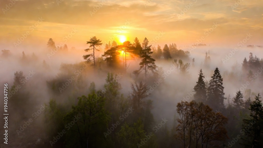 Obraz premium Tree canopy emerging through dense morning mist at sunrise.