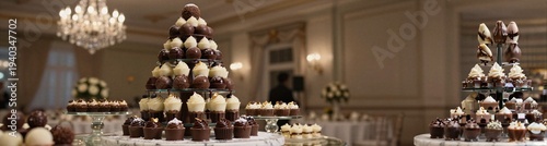 Elegant chocolate dessert tower with cupcakes truffles and mini cakes for banquet centerpiece background and reception display design