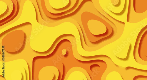 Vibrant abstract 3D paper cut design with layered orange and yellow shapes.