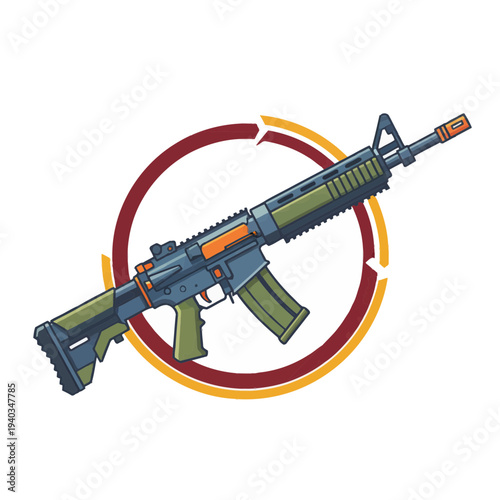 Assault Rifle Vector Illustration with Circular Emblem.