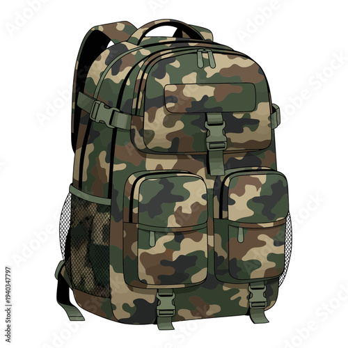 Camo Backpack with Multiple Pockets and Buckles.