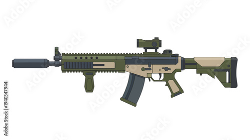 Modern Military Rifle with Scope and Accessories.