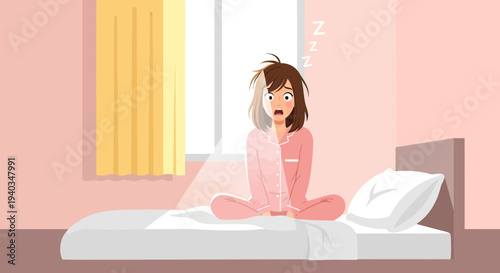 Woman Waking Up Tiredly in Bed, Sunlight Streaming Through Window