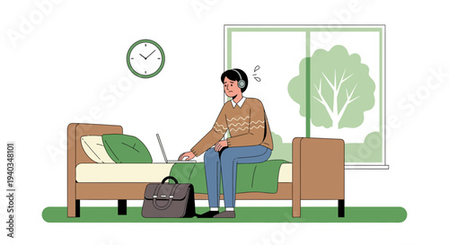 Young man working on laptop wearing headphones on bed, home office setup, remote work concept