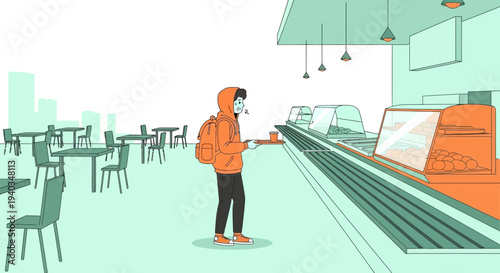 Young person with backpack ordering food at a cafe counter, modern urban setting