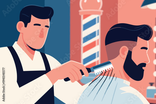 Barber trimming client’s hair with comb and clipper, full beard and styled haircut, traditional barbershop pole in background, clean flat modern illustration.