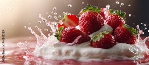 Strawberries in cream splash, red background
