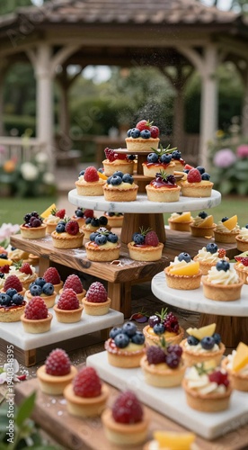Assorted mini fruit tartlets with berries and custard for garden party dessert table and outdoor catering display