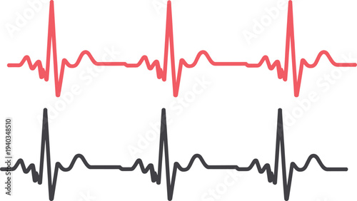 Red and black electrocardiogram heartbeat waveform showing cardiac rhythm monitoring and medical pulse signal concept isolated on light background for healthcare design