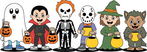 Cartoon illustration of six children in Halloween costumes holding trick-or-treat bags, festive artwork showcasing ghost, vampire, skeleton, witch, werewolf, and masked character