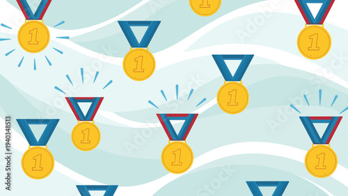 Celebratory pattern of shiny gold first place medals with blue and red ribbons for sports competitions and educational achievements.