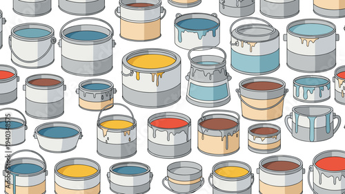 Large collection of paint buckets in various colors and sizes displayed in an isometric pattern suitable for home renovation and diy projects.
