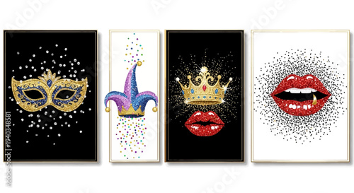 Masquerade party masks and lips with crowns on canvas.