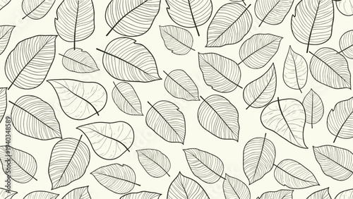 Natural leaf pattern with hand drawn botanical sketches in black ink on a light background provides a vintage organic texture for design.