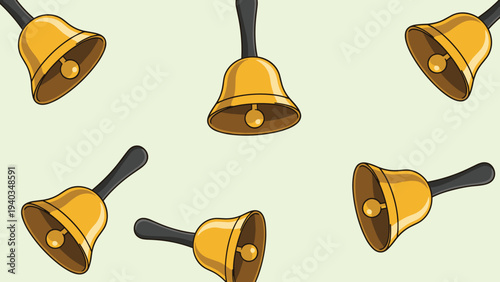 Pattern of golden hand bells with black handles scattered on a pale green background creates a festive and musical holiday atmosphere.