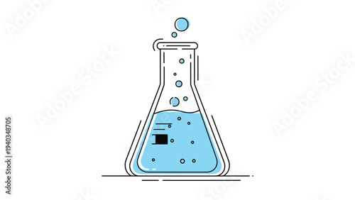 Laboratory conical flask filled with blue liquid and rising bubbles illustrates chemistry experiments, science research, and healthcare.