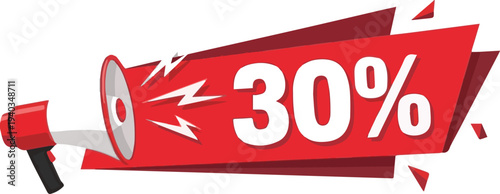 Red Megaphone Advertising a 30 Percent Discount with Lightning Bolt Accents sale announcement