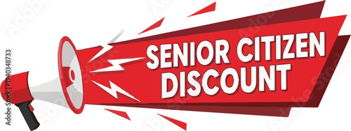Red megaphone announces senior citizen discount with lightning bolts on white background