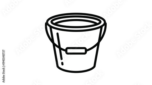 Simple black line icon of an empty bucket with a handle is presented on a plain white background for utility and cleaning concepts.